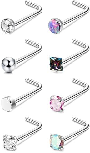 Kakonia 8stk 20G Nasenpiercing Stecker für Damen G23 Titan Nasenstecker L Form Nostril Piercing Schmuck Klein Bunt Cubic Zirconia Piercing Nase Stecker