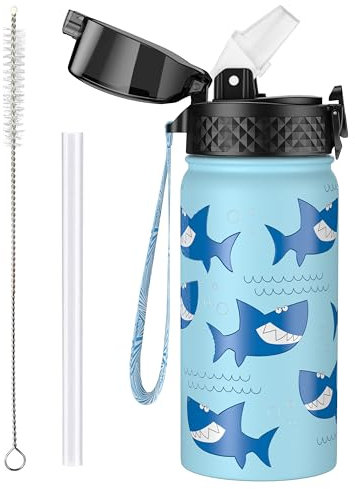 OLDLEY 420ml/14oz Kids Stainless Steel Insulated Water Bottle with Straw for School Reusable Metal Vacuum Small Flask Leakproof Keep Drinks Hot Cold for Boys Girls Toddlers Children (Shark, 420ml)