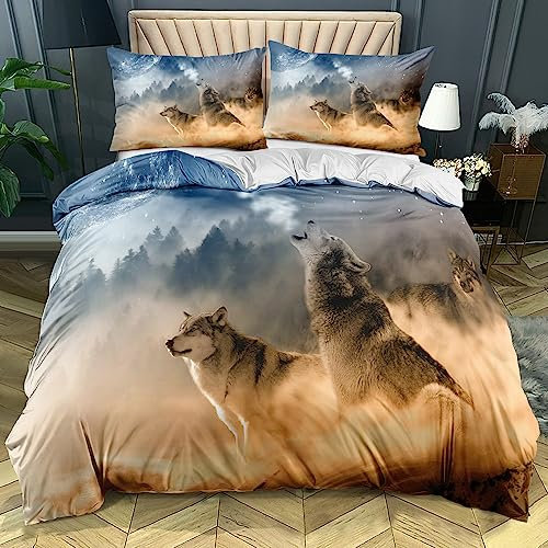 Housse de Couette Loup 3D, Set de Linge de Lit Animal, Motif Loup, Design Enfant (B, 220 x 240 cm)