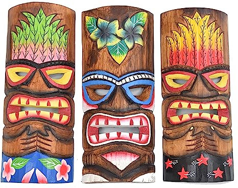 Juego de 3 máscaras de madera Tiki de 30 cm en estilo hawaiano, 3 unidades
