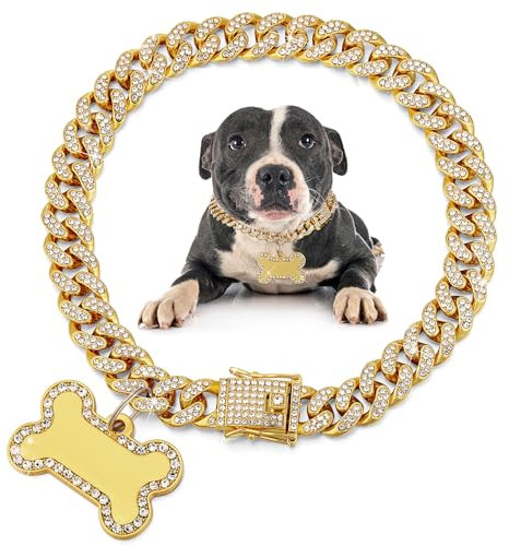 Hillban Hundekette, goldenes Diamant-Halsband mit Haustier-ID-Schmuckmarken, Strasssteine, Edelstahl, Metallgliederhalsband, Spazierengehkette, Halskette für Welpen, kleine Hunde (40,6 cm)
