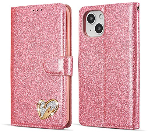 QLTYPRI Wallet Case for iPhone 15, Glitter PU Leather Case TPU Bumper Card Holder Kickstand Wrist Strap Inlaid Heart Diamond Flip Folio Cover for iPhone 15 - Pink
