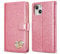 QLTYPRI Wallet Case for iPhone 15, Glitter PU Leather Case TPU Bumper Card Holder Kickstand Wrist Strap Inlaid Heart Diamond Flip Folio Cover for iPhone 15 - Pink