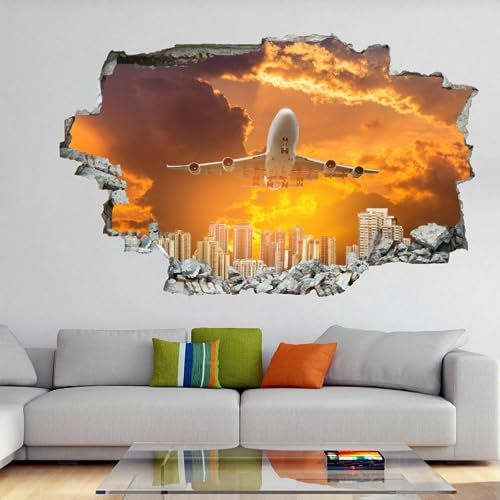 3D Durchbruch Wandtattoo Mädchen Kinderzimmer Flugzeug Wandaufkleber Dekorative Skyline Der Stadt Abnehmbare Wandsticker Vinyl für Junge Teenager Zimmer Wohnzimmer Schlafzimmer Wandbilder Deko