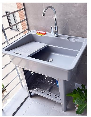 Fregadero De Plástico Independiente Para Lavandería, Fregadero Para Uso Interior Y Exterior Con Grifo De Agua Fría Y Caliente, Lavabo Para Limpieza De Baño, Piscina, Fregadero Para Recipiente Inclinad