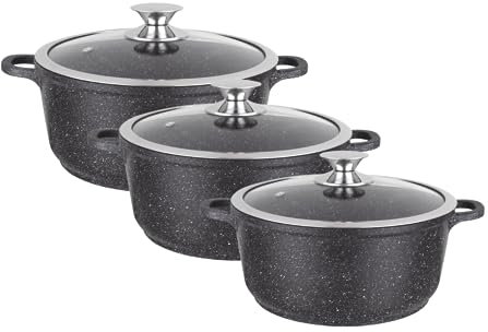 Kamberg 008169 - Juego de 3 ollas de 20/24/28 cm, hierro fundido de aluminio, revestimiento tipo piedra, tapas de cristal, para todo tipo de fuego, incluida inducción, sin PFOA, 0008169, negro