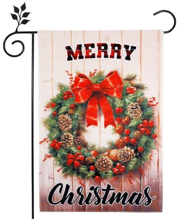 Drapeau de Jardin de Noël, 46x31,5cm Merry Christmas Drapeaux Décoratifs Drapeau de Porte en Toile de Jute Double Face Drapeau de Noël pour l'Extérieur Pelouse Décoration (Style Guirlande)