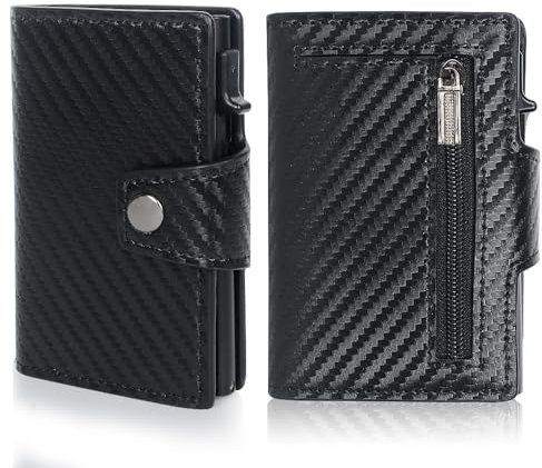 FOME Geldbeutel Herren, Carbon Fiber Card Slim Wallet Pop Up Aluminum Case mit Zip Coin Pocket, RFID Wallets für Männer, 7-9 Card Capacity