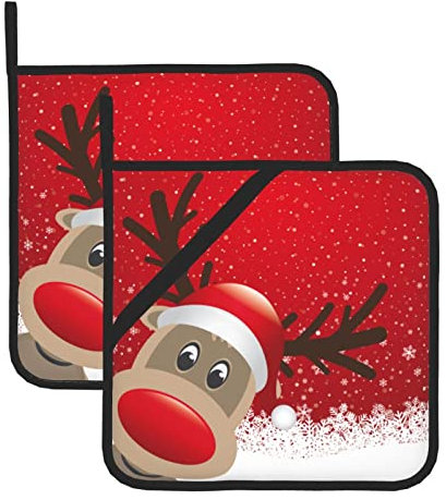 Frohe Weihnachten Niedliche Cartoon Elch Topflappen Set 2 für Küche, waschbar, hitzebeständige Topflappen, Hot Pads oder Küche Kochen Backen Mikrowelle BBQ