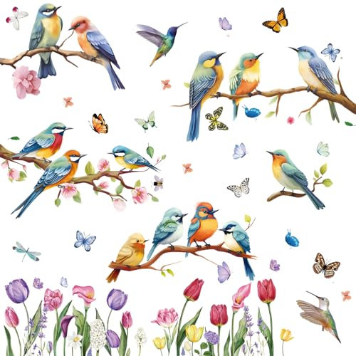 BBLIKE Adesivi per Finestre per Uccelli Primaverili per Vetro 9 Fogli di Uccello Farfalla Fiore a Doppia Finestra a Doppia Finestra Adesivi Anticoli