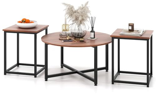 GIANTEX Beistelltisch 3er Set, Couchtisch Rund + Quadratisch, Wohnzimmertisch Holz mit Metallrahmen, Tisch Wohnzimmer Sofatisch Modern, Satztisch Couchtisch Kaffeetisch für Wohnzimmer Schlafzimmer