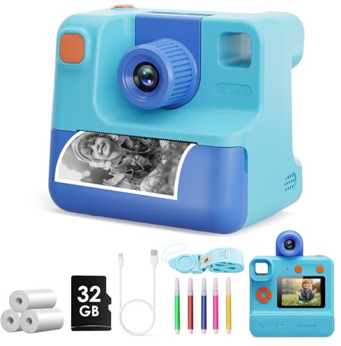 Kinderkamera Sofortbildkamera,1080P Sofortbildkamera Kinder Fotokamera mit 3 Rollen Druckpapier & 32GB Karte, DigitalKamera Kinder Sofortbildkamera Geschenk für 5 6 7 8 9 10 1112 Jahre (Blau)