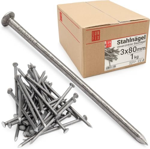 Lun Fix Chiodi in acciaio 3 x 80 mm – 1 kg (circa 220 pezzi) | Chiodi in legno per lavori di costruzione, chiodi da costruzione non zincati, lunghi 80 mm | spilli a testa svasata non zincati per