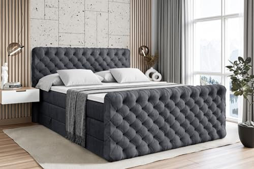 ALTDECOR Boxspringbett mit Matratze und Lattenrost, Topper, Fußteil,Polsterbett mit Bettkasten, Bett mit Stauraum H3- und H4- Matratze, Doppelbett - BOXI8-Z King - 160x200 - Dunkelgrau Samt