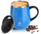 Ideus Kaffeebecher 470 ml (16 oz), doppelwandige vakuumisolierte Kaffee- und Teetasse aus Edelstahl mit rutschfestem Griff und Schiebemoduldeckel und großem Volumen (Leopard Blau)