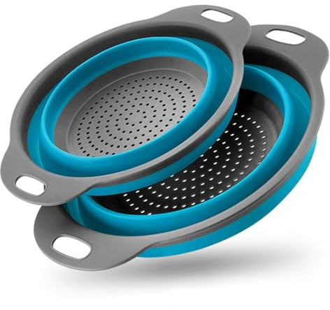 Collapsible Colander Set of 2 Silicone Kitchen Strainer Set, Perfect for Draining Pasta, Vegetable and fruit for Kitchen and Travel Use (Blue)