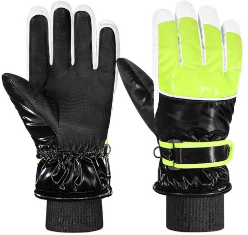 MoKo Guantes de Esquí para Niños, Guantes de Esquí Impermeables con Puños Elásticos para Esquí, Snowboard, Ciclismo, Guantes de Invierno Térmicos Cortaviento para Niños de 6 a 15 Años, Negro, M