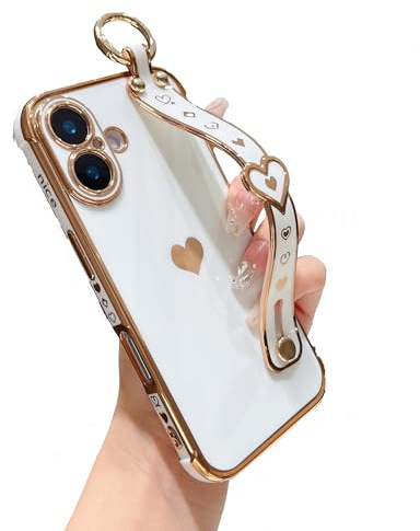 DEFBSC for iPhone 16 Case with Wrist Strap, Plating Heart, White | Cute Side Love Pattern Phone Case with Wristband Finger Holder Stand Soft TPU Bumper Shockproof Protective Cover