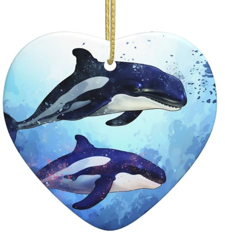 2024 Weihnachten Ornament Orca Killer Wal Keramik Ornamente für Weihnachtsbaum Hängende Ornamente mit Goldenem Seil Herz Christbaumschmuck für Weihnachtsdekorationen