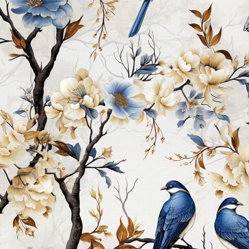 Selbstklebende Tapete Blumen-Vögel, 44x300cm, Beige-Weiß Blätter-Blau, Baum-Wald Design Möbelfolie Badezimmer, Wohnzimmer, Schlafzimmer, Küche