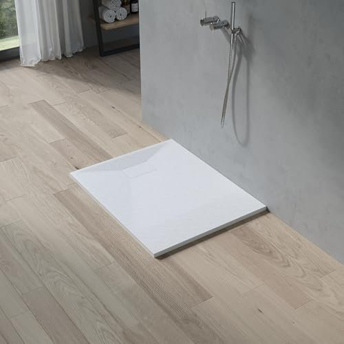 AQUABATOS SMC Duschwanne 100x80 cm Weiß Eckig Quadratisch Duschtasse Duschbecken Brausewanne Brausetasse Rutschfest Bodengleich Ebenerdig Steinoptik Schieferoptik (Ablaufgarnitur nicht Inklusive)