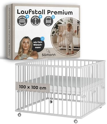 Sämann Laufstall Baby mit Matratze Cloud Air & Lattenrost | stufenlos höhenverstellbar | Laufgitter Premium | Babybett aus Holz | Krabbelgitter (weiß, 100x100 cm)