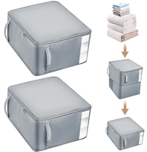 Euqvunn 2 Stück Platzsparender Komprimierender Organizer, Aufbewahrungstasche für Bettdecken, Extra Große Faltbare Selbstkomprimierender Organizer mit Sichtfenster für Umzug, Reisen(Grau,XL+XL)