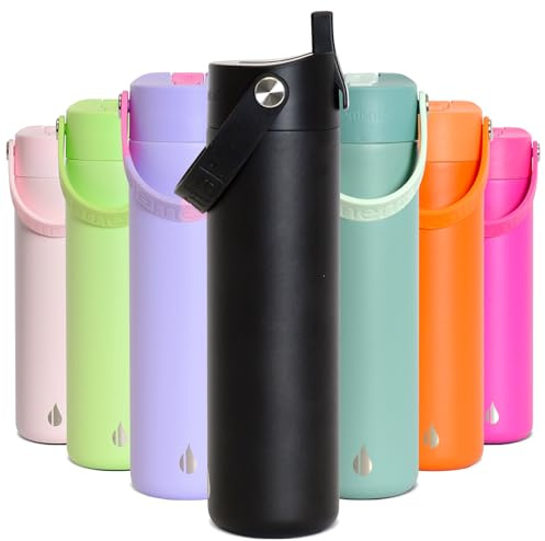 Elemental Insulated Kids Water Bottle with Straw & Lid 709ml - Black | Stainless Steel, Straw Lid, Pop-It Handle, Leak-Proof, Vacuum Insulated, Keeps Drinks Cold, School, Travel & Sports Boys