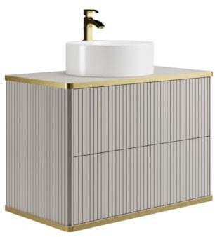 Vente-unique-Mueble de baño suspendido Estriado con Ribete Dorado y Lavabo Redondo para Colocar - Beige - 80 cm - KELIZA