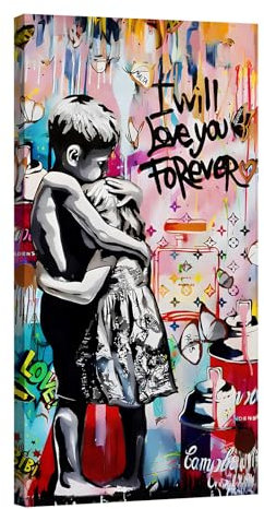 canvashop Banksy Love you Forever Tableau 60 x 30 cm Peintures Modernes Salon pop art Enfants étreinte street art graffiti Impression murale sur toile