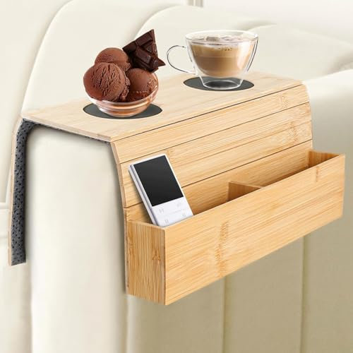 UPSEA Bamboo Sofa Arm Tray Table with Anti-Slip Fabric Backing, Flexible/Foldable, 2 Storage Organiser for TV Remote, Phone, Drinks