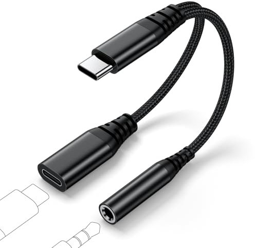 USB C to 3.5mm Jack and Charger Adapter, 2 in 1 Audio + Charger Splitter 3.5mm Earphone Cable Adapter with PD 60W Fast Charging for Samsung Galaxy, i-Pad, iPhone 15 16, and More Type C Devices(Black)