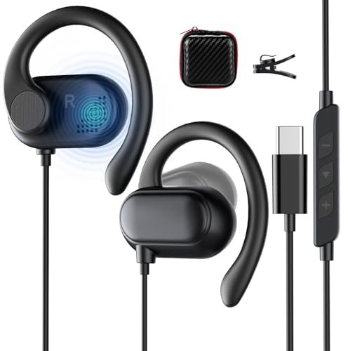 USB C Headphones Over Ear Earbuds Wired for iPhone 17 16 Pro Max Samsung S25 S24 Ultra S23 A17 A16,Type C Headphones with Ear Hooks Microphone Sport Running Headset for Google Pixel 10 Pro XL 9a