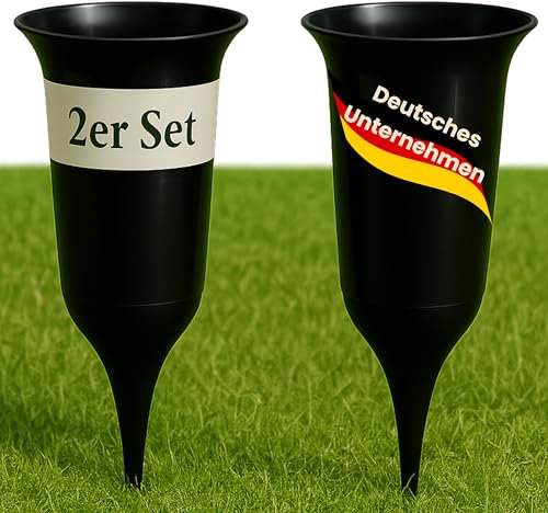 ELBKAISER – 2er Set Grabvase schwarz mit Erdspieß, Robuste Friedhofsvase für Grabgestaltung, Grabvasen zum Stecken mit Sockel & Einsatz für frische Blumen, wetterbeständig, ideal für den Friedhof