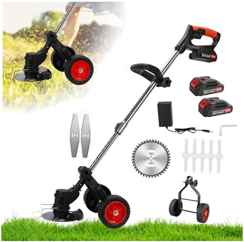 Akku-Rasentrimmer, 21V Akku Freischneider asentrimmer Mit Akku mit 2x2000mAh & Rädern, 3-in-1 Rasentrimmer 18000 RPM, Verstellbarer Teleskopstab (88-120cm), Leichtgewicht für Rasenkanten (Schwarz)