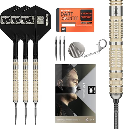 Target Darts Dimitri Van den Bergh Steeldarts 95K-Dartpfeil-Set, 22 g/23 g/24 g | 95-%-Tungsten-Dartpfeile, K-Flex No. 2 Flights und Schäfte, Schwarze Swiss DX-Points und SP-Tool inkludiert