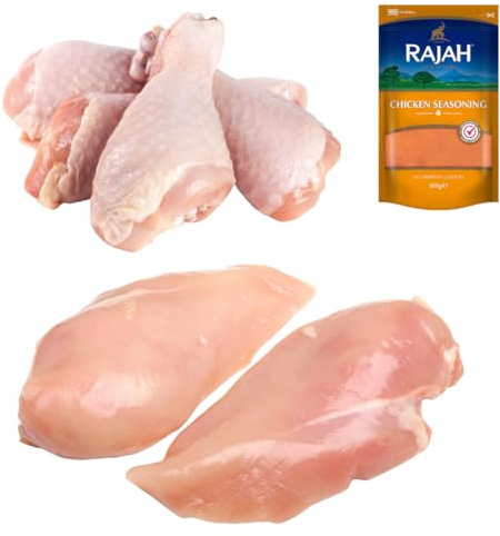 Halal Chicken Drumstick 1kg and Breast 1kg with Rajah Seasoning 100g – Fresh Halal Classic Pack – Tender Drumsticks and Lean Chicken Breast for Grilling and Roasting