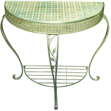 SXKLYRF Tavolo Consolle da Giardino a 2 Ripiani, Consolle Ingresso in Ferro Battuto Antico a Mezzaluna, Mensola Dietro Divano Mid-Century Adatta a Tutte Le Stagioni(Green)