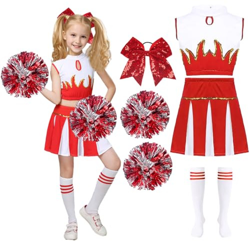 Cheerleader Kostüm Kinder, Cheerleading Kleid, Cheer Uniformen, Crop Tops, Rock, Pompons, Socken und Haarzubehör, Cheerleadering Outfit Mädchen, Kinder Cheer Outfit für Karneval, Mottoparty (Rot, 150)