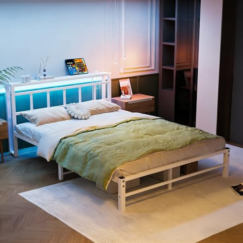 VECOCHO Kingsize-Bettgestell mit Kopfteil, robuster Metallplattform-Bettgestell, Kingsize-Bett, kein Boxspringbett erforderlich, Matratzenboden, Stauraum unter dem Bett, geräuschfrei, Weiß