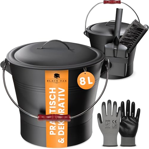 BLACK OAK Secchio per cenere Lanin, 8 l, con coperchio, scopa, paletta e guanti | - 8 l, colore nero con coperchio con manico in legno, acciaio scuro zincato e verniciato a polvere, per cenere e carbone