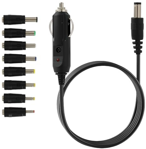 Cargador de Coche de 12 V y 5 A Universal con 8 Adaptadores, Potente Fuente de Alimentación de 12 V Fabricada en Plástico, Cargador Negro para Conductores y Campistas en Coche, Camión o Autocaravana.