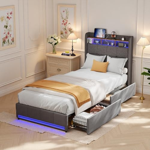 LieABak Polsterbett Bett 90x200 cm mit Stauraum, Einzelbett mit 2 Schubladen, Stauraumbett mit Staufach-Kopfteil, Kinderbett Jugendbett mit mit Lattenrost, Funktionsbett Bettgestell, Linen (Grau)