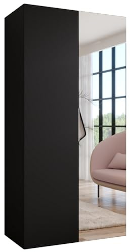 MEBLE KRYSPOL - Kleiderschrank - Garderobenschrank - 100 cm x 202 x 52 cm - Schrank mit Kleiderstange und Spiegel, 2 Türen - für Schlafzimmer, Flur - SANDI, Schwarz, Griff Kaschmir