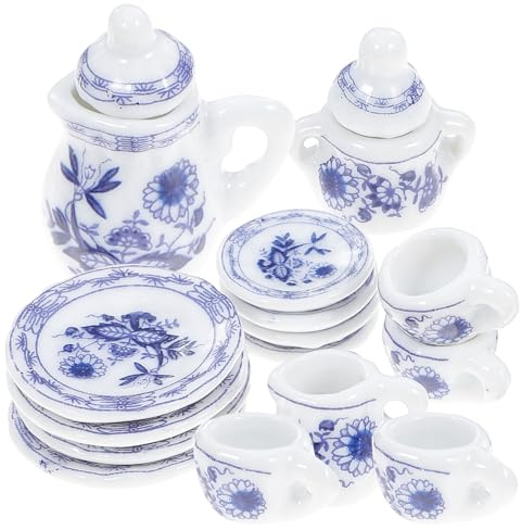 Hohopeti Juego de Té Cerámico Miniatura 15 Piezas Azul Profundo, Accesorios para Casas de Muñecas, Vajilla para Mini Casas, Decoración Realista y Compacta para Hogar en Miniatura
