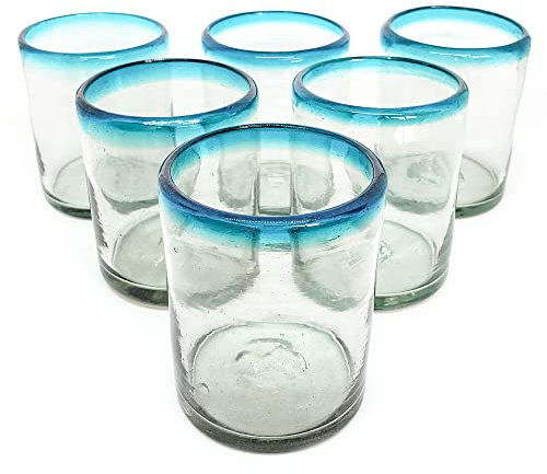 MexHandcraft Aqua Blue Rim 10 oz Tumbler Glasses (set of 6) Mexican Handmade Glassware, Recycled Glass, Lead-free, Toxin-Free (Tumbler)