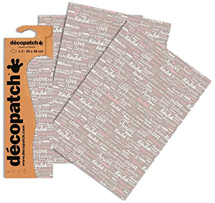 Decopatch C686O - 1 BUSTA da 3 fogli di carta stampata 30x40 cm, Love