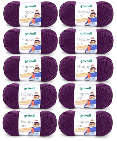 Gründl Wolle Happy uni - Garn zum Stricken - Garn zum Häkeln - Strickgarn - Häkelgarn - Weich und hautfreundlich - 100% Polyacryl 10 Knäuel 100 g / 250 m - Nadelstärke 4 5 -pflaume