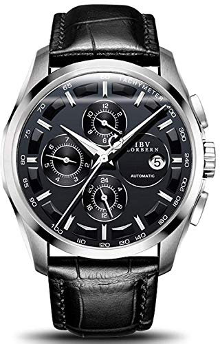 TEINTOP Ibv Automatik Uhr Herren Mechanische Selbstwind Datum Leder Armband(Silber schwarz)