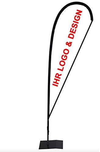 Beachflag mit Standfuß individuell bedruckt | Werbeflagge Fahne Drop Tropfenform mit Metallbodenplatte (235 cm)